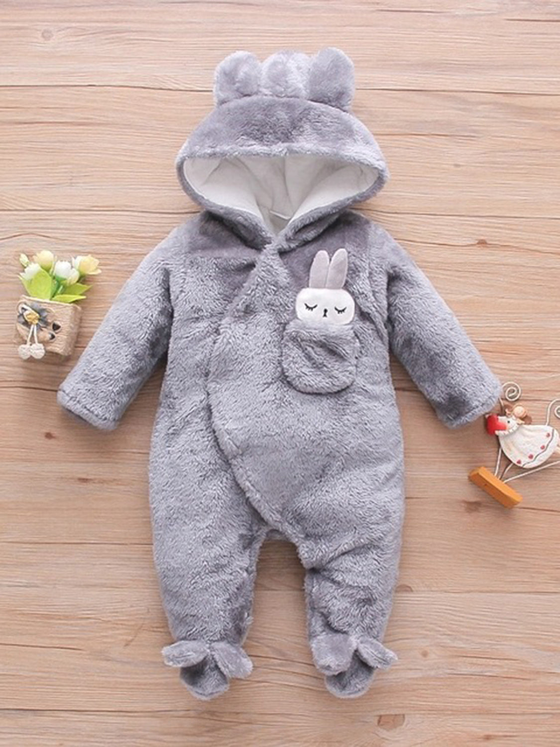 Rabbit Decor Long Sleeve Hooded Snapped Jumpsuit Rabbit Hooded Jumpsuit