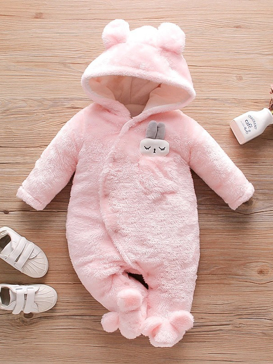 Rabbit Decor Long Sleeve Hooded Snapped Jumpsuit Rabbit Hooded Jumpsuit