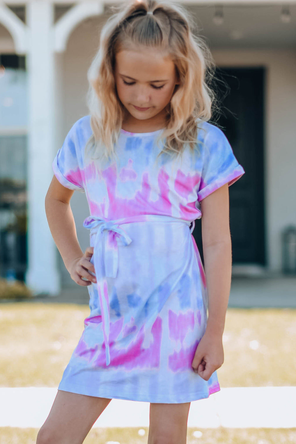 Girls Tie-Dye Belted Tie-Dye Belted T-Shirt Dress