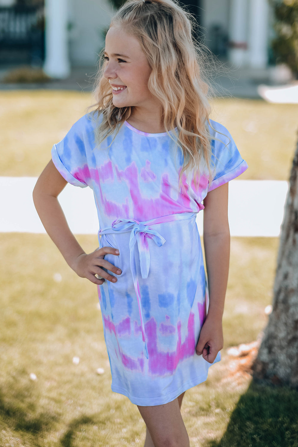 Girls Tie-Dye Belted Tie-Dye Belted T-Shirt Dress