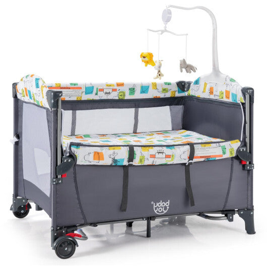 -1 Baby Nursery Center Foldable Toddler Bedside Crib Foldable Crib with Music Box - Gray