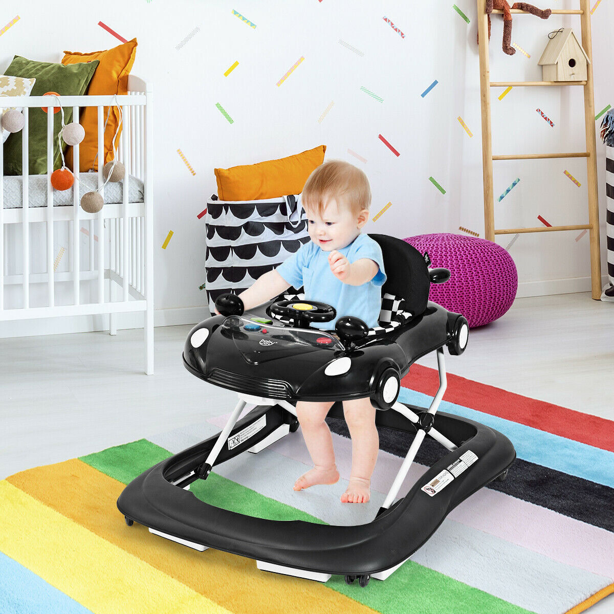 -1 Foldable Baby Walker 2-in-1 Foldable Baby Walker with Music Player and Lights-Black - Color