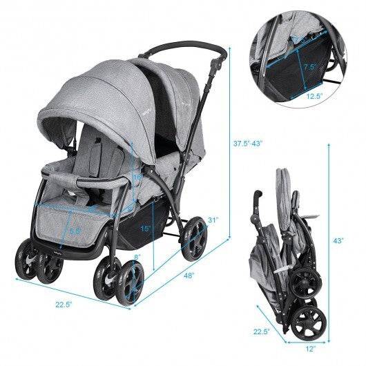 Foldable Lightweight Front Back Seats Double Baby Stroller-Gray Double Stroller - Gray