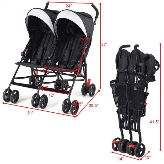 Foldable Twin Baby Double Stroller Ultralight Umbrella Kids Stroller-Black - Color Twin Stroller - Black