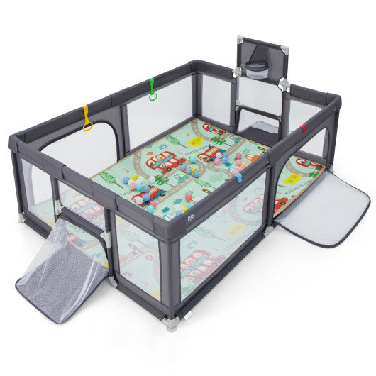 Large Baby Playpen Playpen with Mat and Ocean Balls - Dark Gray