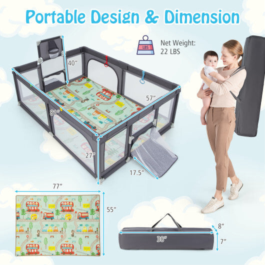 Large Baby Playpen Playpen with Mat and Ocean Balls - Dark Gray