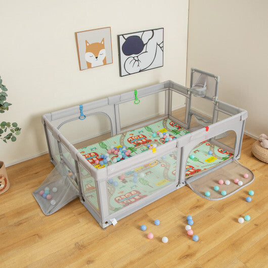 Large Baby Playpen Playpen with Mat and Ocean Balls - Dark Gray