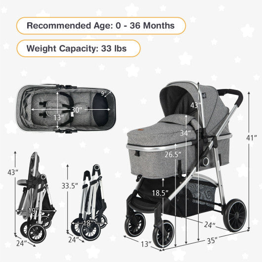 -1 Convertible Baby Stroller Convertible Stroller with Reversible Seat - Gray