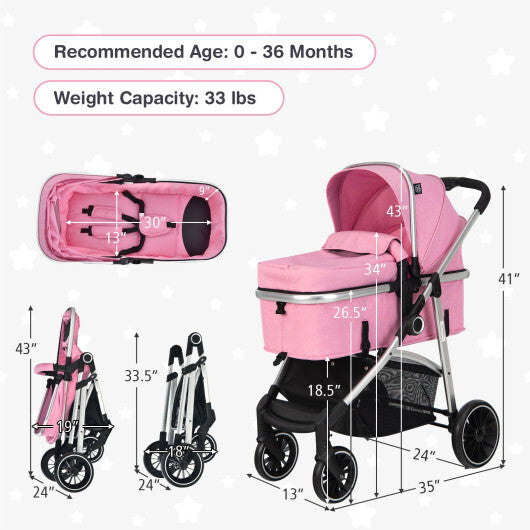 -1 Convertible Baby Stroller Convertible Stroller with Reversible Seat - Pink