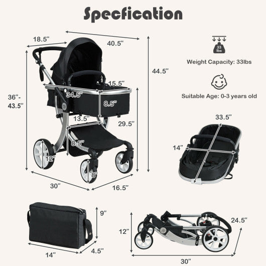 Folding Aluminum Infant Reversible Stroller Reversible Stroller - Black