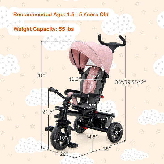 -1 Baby Tricycle Toddler Trike Convertible Tricycle with Seat - Pink