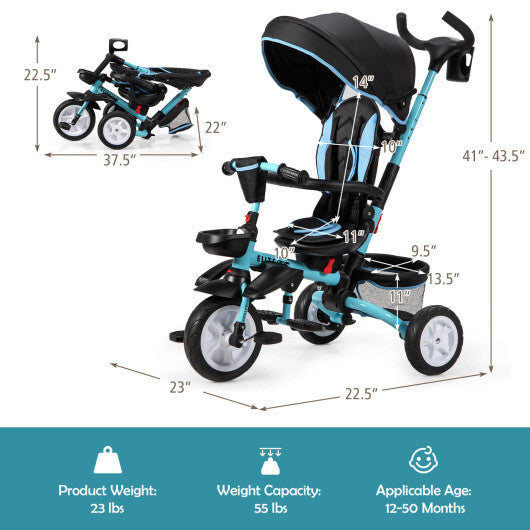 -1 Detachable Kids Baby Stroller Tricycle Detachable Tricycle with Canopy - Blue