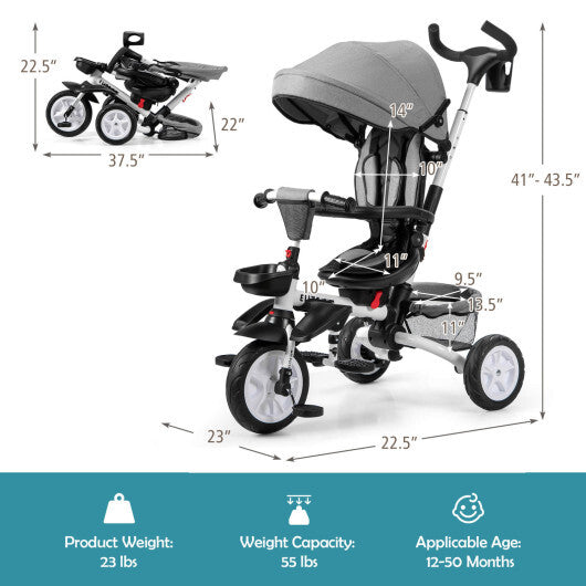 -1 Detachable Kids Baby Stroller Tricycle Detachable Tricycle with Canopy - Gray