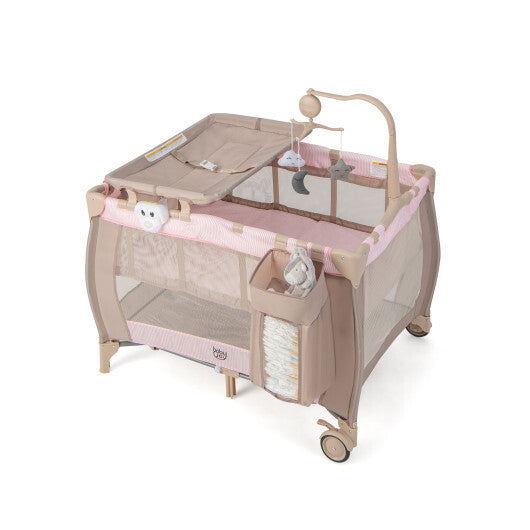 Portable Baby Playard Portable Baby Playard with Changing Table Bassinet and Music Box-Pink 