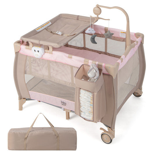 Portable Baby Playard Portable Baby Playard with Changing Table Bassinet and Music Box-Pink 