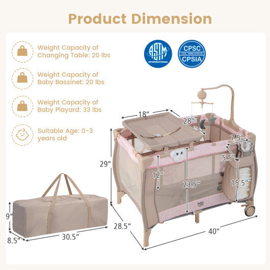 Portable Baby Playard Portable Baby Playard with Changing Table Bassinet and Music Box-Pink 