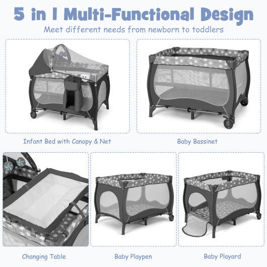 -1 Portable Baby Playard 5-in-1 Baby Playard with Bassinet and Canopy