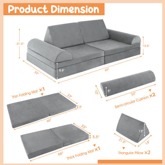 6 Pieces Convertible Kids Sofa Playset Convertible Kids Sofa Playset with Zipper - Gray