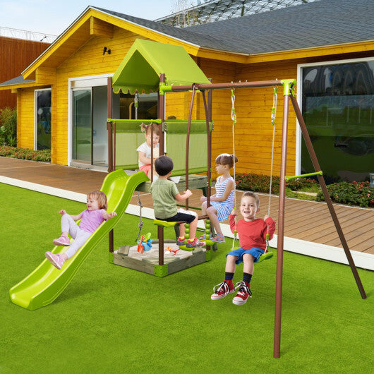 -1 Kids Outdoor Metal Playset Kids Outdoor Playset with Slide & Climbing Rope - Green