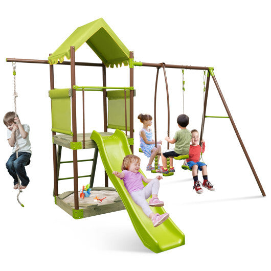 -1 Kids Outdoor Metal Playset Kids Outdoor Playset with Slide & Climbing Rope - Green