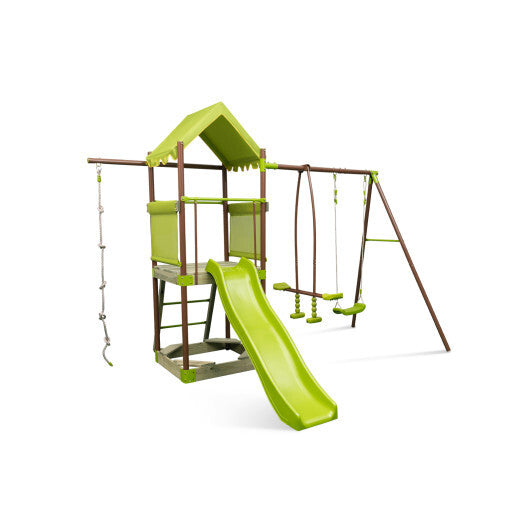 -1 Kids Outdoor Metal Playset Kids Outdoor Playset with Slide & Climbing Rope - Green