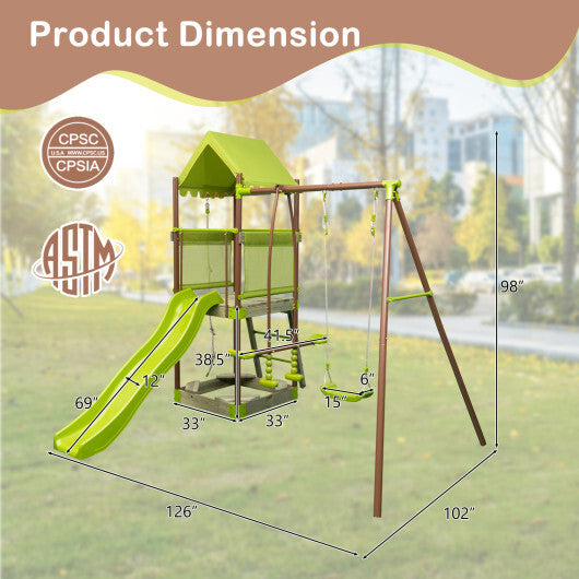 -1 Kids Outdoor Metal Playset Kids Outdoor Playset with Slide & Climbing Rope - Green