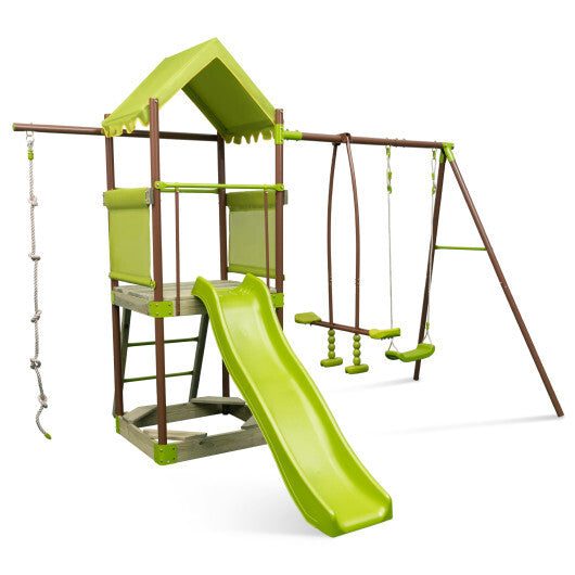 -1 Kids Outdoor Metal Playset Kids Outdoor Playset with Slide & Climbing Rope - Green