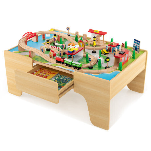 84-Piece Wooden Train Set Wooden Train Set with Reversible Tabletop