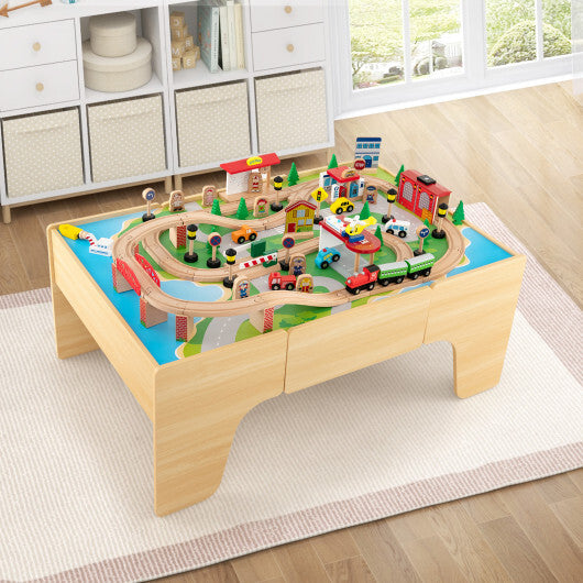 84-Piece Wooden Train Set Wooden Train Set with Reversible Tabletop