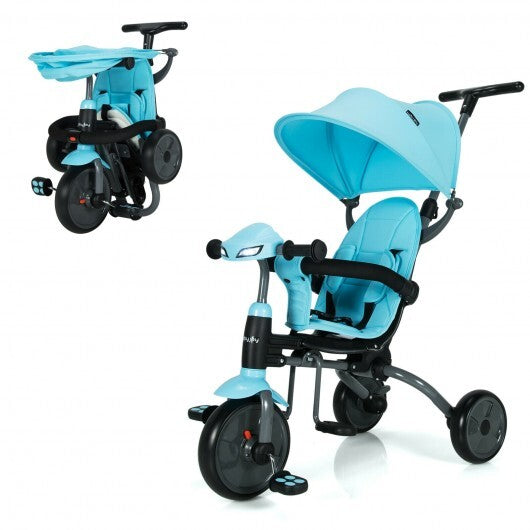 -1 Foldable Baby Tricycle Toddler Stroller Foldable Tricycle with Adjustable Handle - Blue