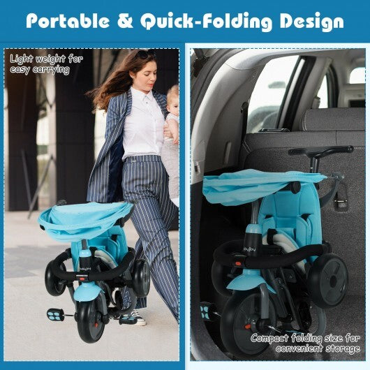 -1 Foldable Baby Tricycle Toddler Stroller Foldable Tricycle with Adjustable Handle - Blue