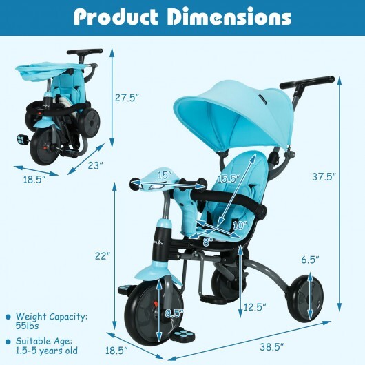 -1 Foldable Baby Tricycle Toddler Stroller Foldable Tricycle with Adjustable Handle - Blue