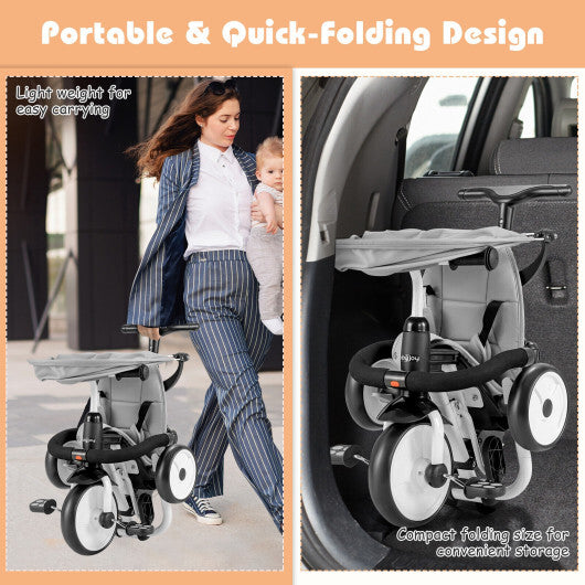 -1 Foldable Baby Tricycle Toddler Stroller Foldable Tricycle with Adjustable Handle - Gray