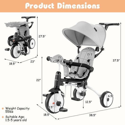 -1 Foldable Baby Tricycle Toddler Stroller Foldable Tricycle with Adjustable Handle - Gray