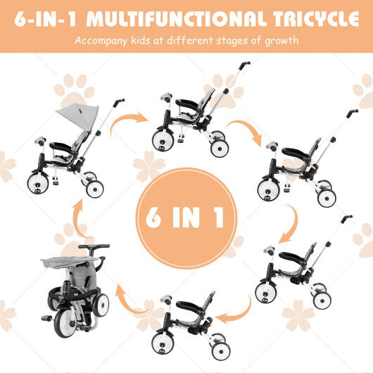 -1 Foldable Baby Tricycle Toddler Stroller Foldable Tricycle with Adjustable Handle - Gray