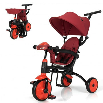 -1 Foldable Baby Tricycle Toddler Stroller Foldable Tricycle with Adjustable Handle - Red