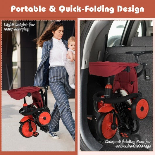 -1 Foldable Baby Tricycle Toddler Stroller Foldable Tricycle with Adjustable Handle - Red