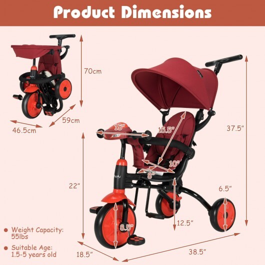 -1 Foldable Baby Tricycle Toddler Stroller Foldable Tricycle with Adjustable Handle - Red