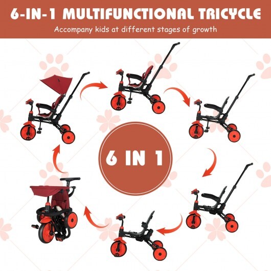 -1 Foldable Baby Tricycle Toddler Stroller Foldable Tricycle with Adjustable Handle - Red