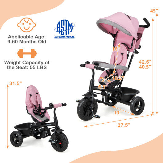 -1 Baby Trike Kids Tricycle Trike with Canopy & Push Handle - Pink