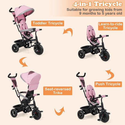 -1 Baby Trike Kids Tricycle Trike with Canopy & Push Handle - Pink