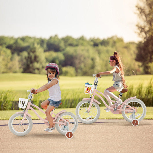 Removable Training Wheels Bike with Training Wheels and Basket-Pink