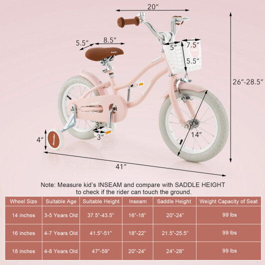 Removable Training Wheels Bike with Training Wheels and Basket-Pink