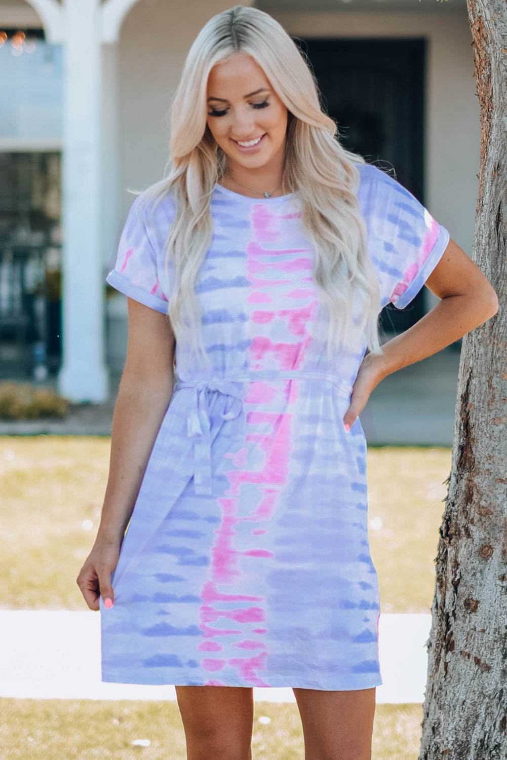 Women Tie-Dye Belted Women Tie-Dye Belted T-Shirt Dress