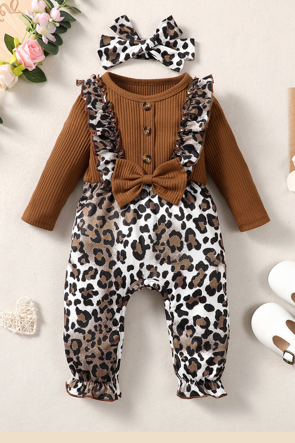 Leopard Bow Round Neck Long Sleeve Jumpsuit Leopard Bow Long Sleeve Jumpsuit