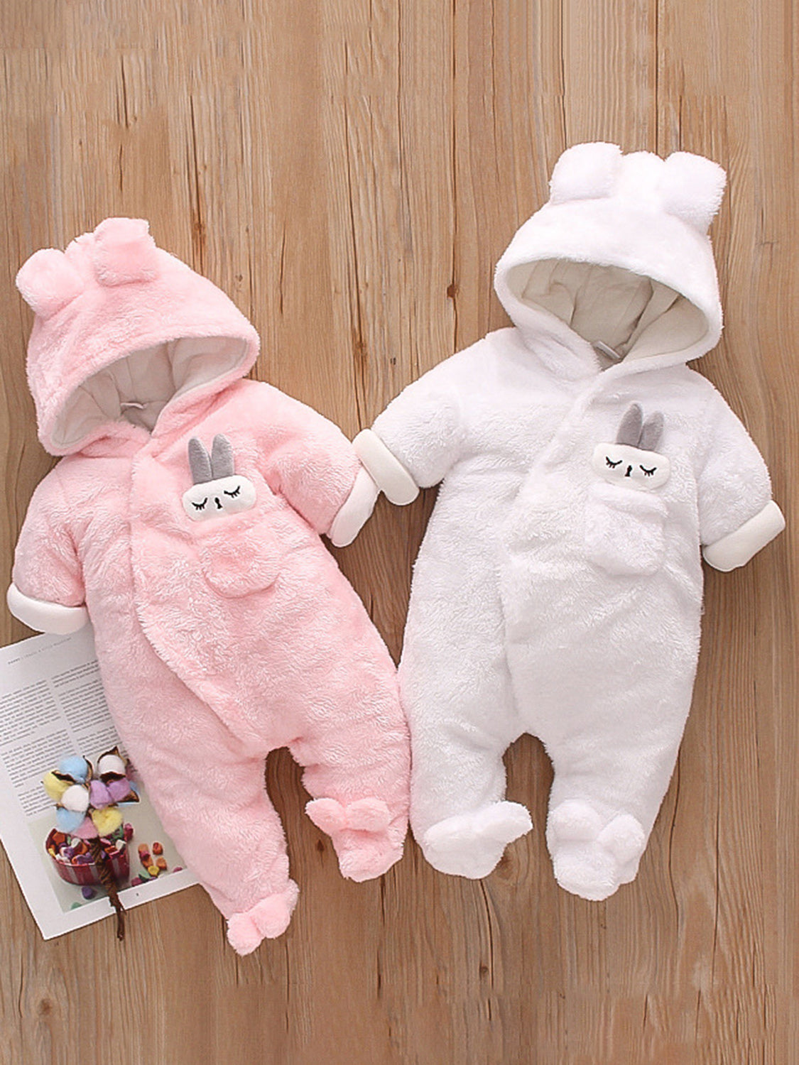 Rabbit Decor Long Sleeve Hooded Snapped Jumpsuit Rabbit Hooded Jumpsuit