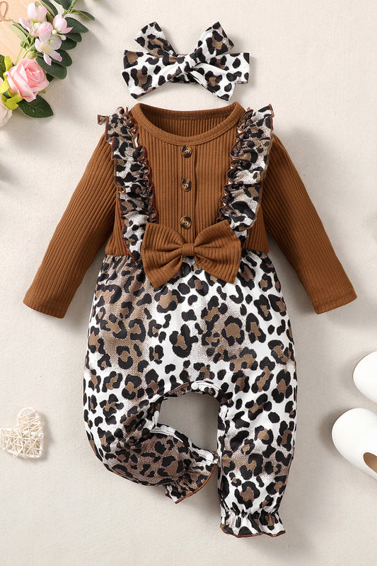 Leopard Bow Round Neck Long Sleeve Jumpsuit Leopard Bow Long Sleeve Jumpsuit